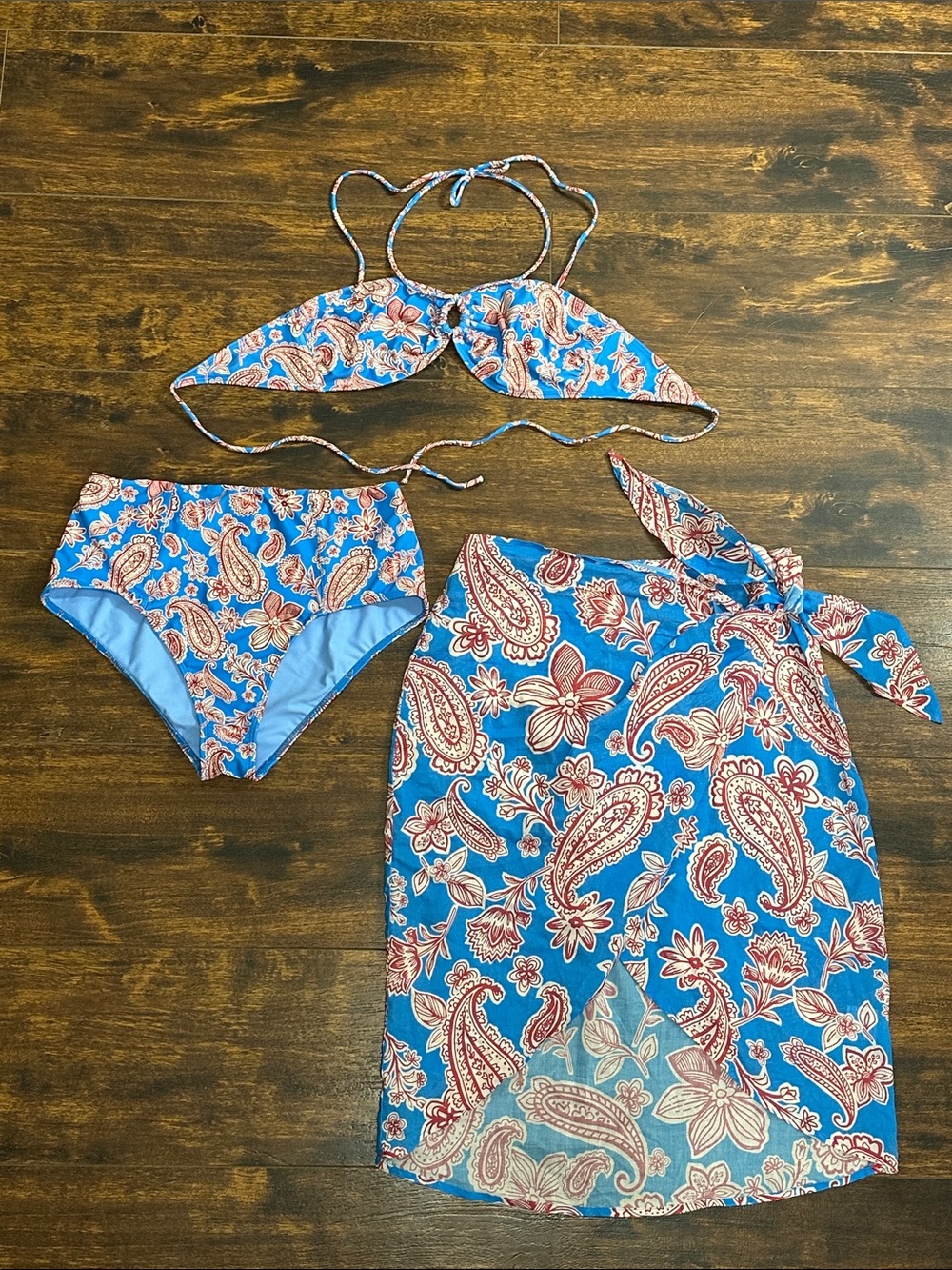 Xirena Xwim Paisley Bikini Set + Wrap Skirt M/S Blue Red Boho Beach 3pc 💙🌺